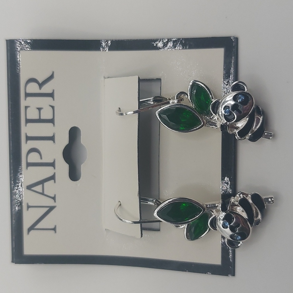 Napier Silver Tone Simulated Crystal Enamel Panda Earrings